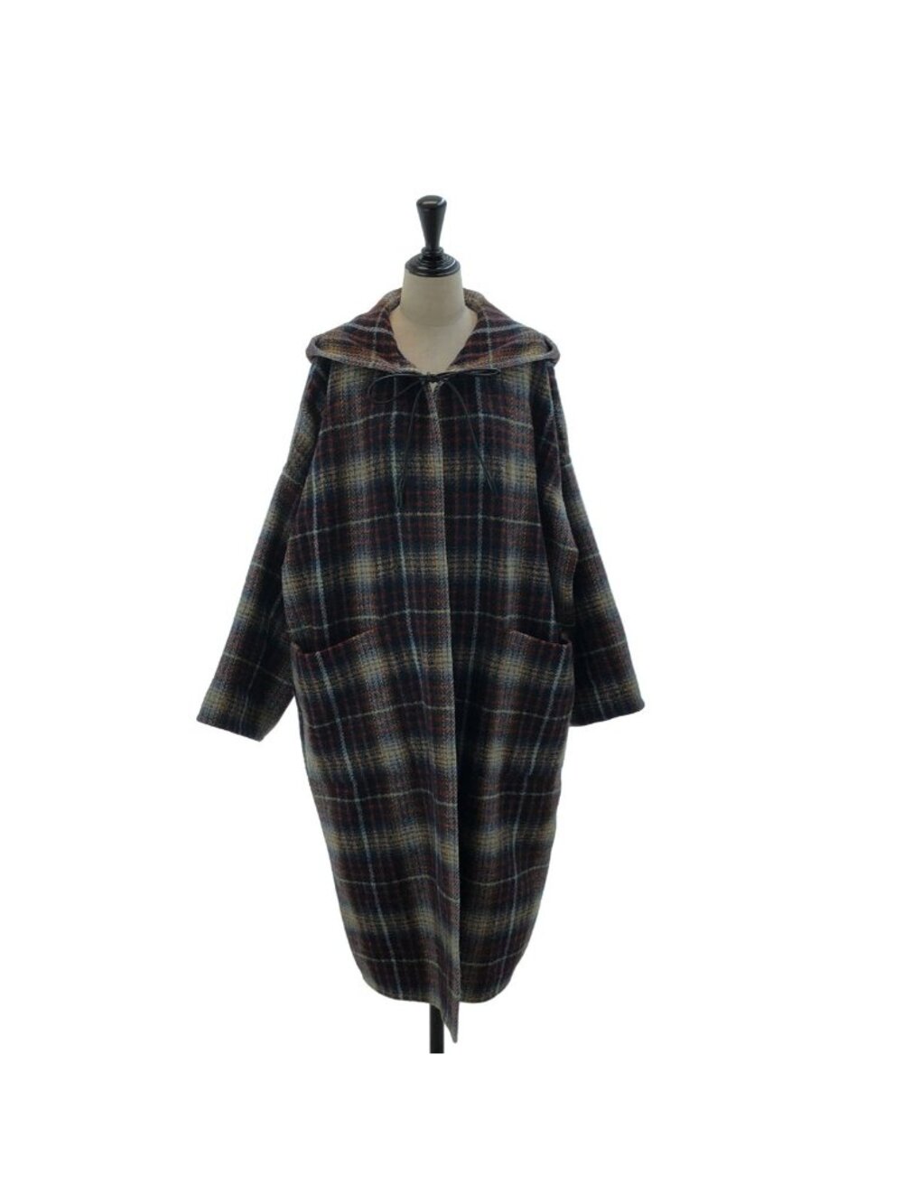 Celine Wool Check Buttonless Hooded Coat Multicolor M